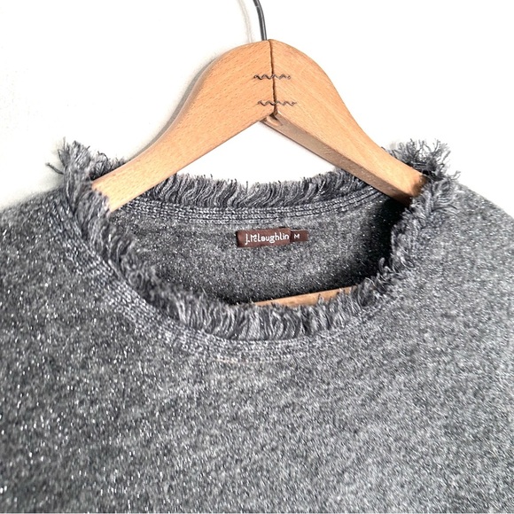 J. McLaughlin Gray Silver Metallic Shimmer Tassel Fringe Hem Sweater Size Medium - Picture 2 of 6